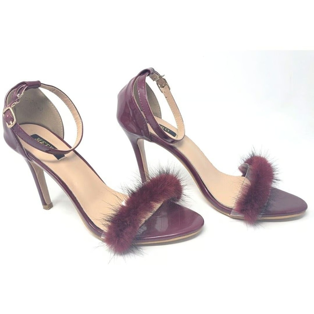 Metro Patent Stiletto Sandals Size 9 Faux Fur Ankle Strap Minimalist Formal